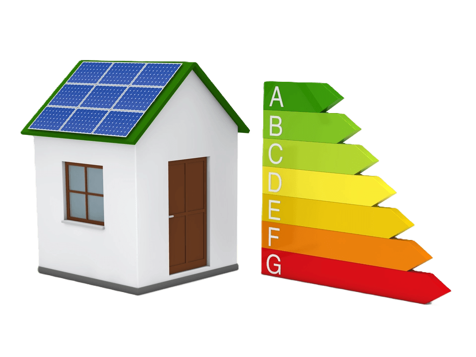 Illustratie van een woning met zonnepanelen en de energielabel-schaal