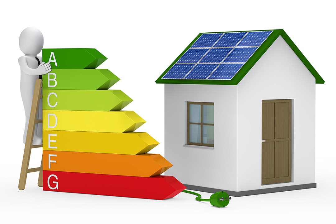 Illustratie van een woning met de A-G energielabel-ladder van groen naar rood